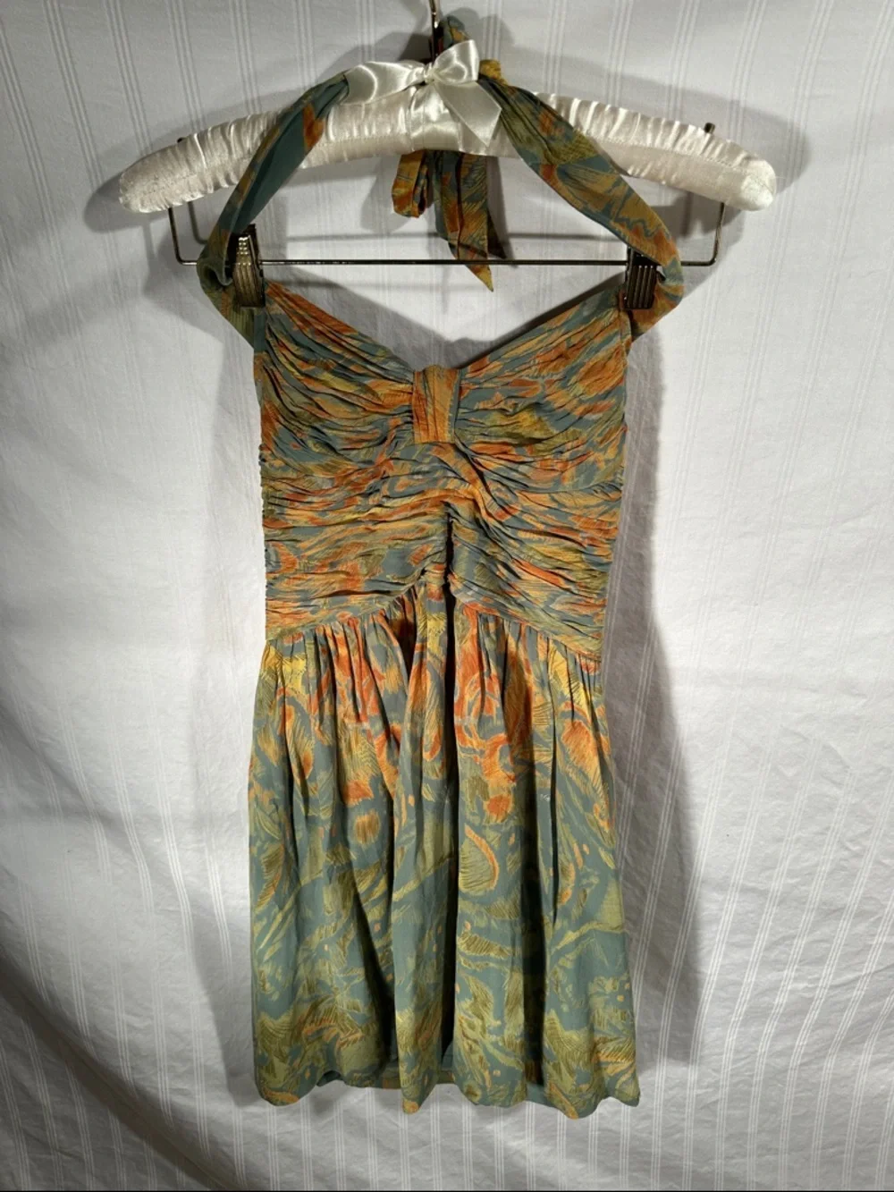 Adrianna Papell One-Shoulder Fit-and-Flare Dress in Green and Gold - Picture 2 of 4